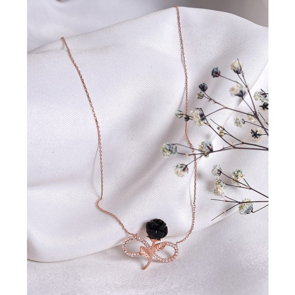 Feniks Silver Siyah Gül Kolye Rosgold Renk - Rose Gold Gümüş Kolye Fiyatı