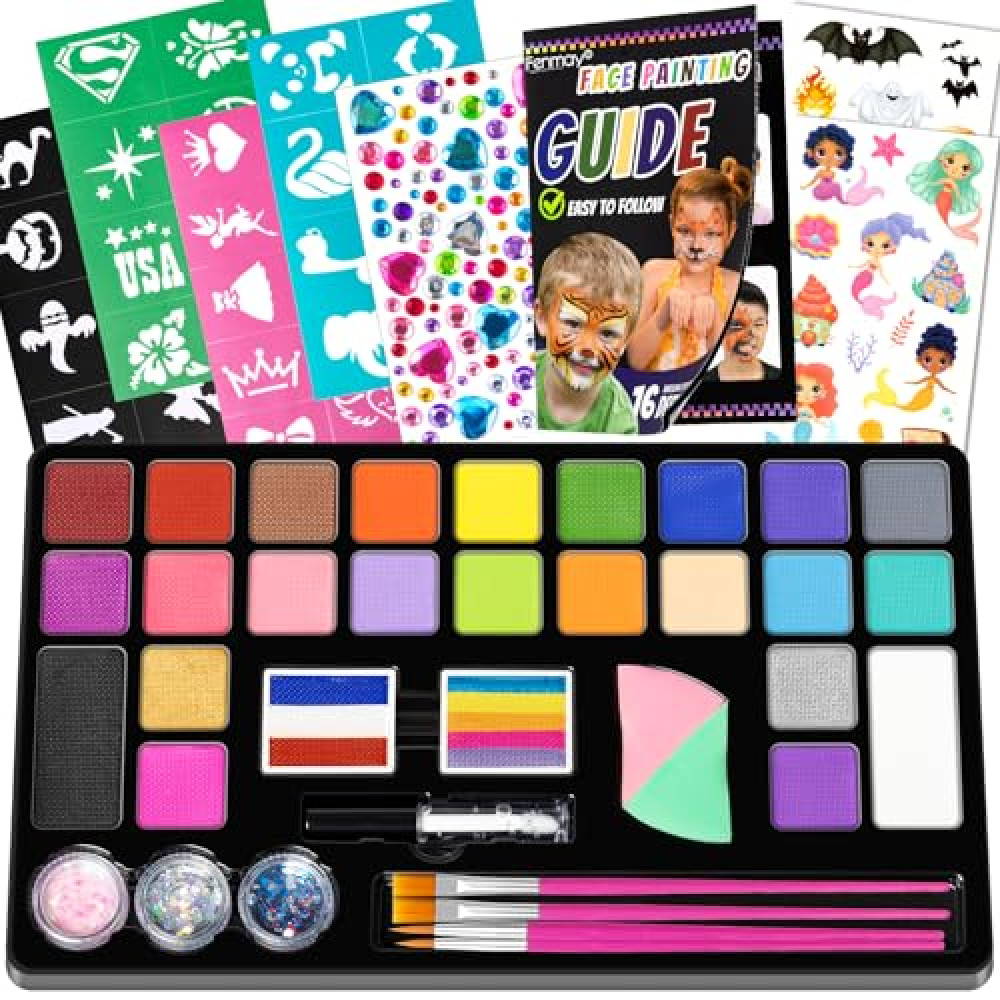 Fenmay Face Painting Kit for Kids, 24 Colors Washable Face Paint, Safe for Sensitive Skin, Non-Toxic Professional Face Painting Kit, Halloween Birthdays Makeup Set with Stencils, Guide Book Face & Finger Paint Fiyatı