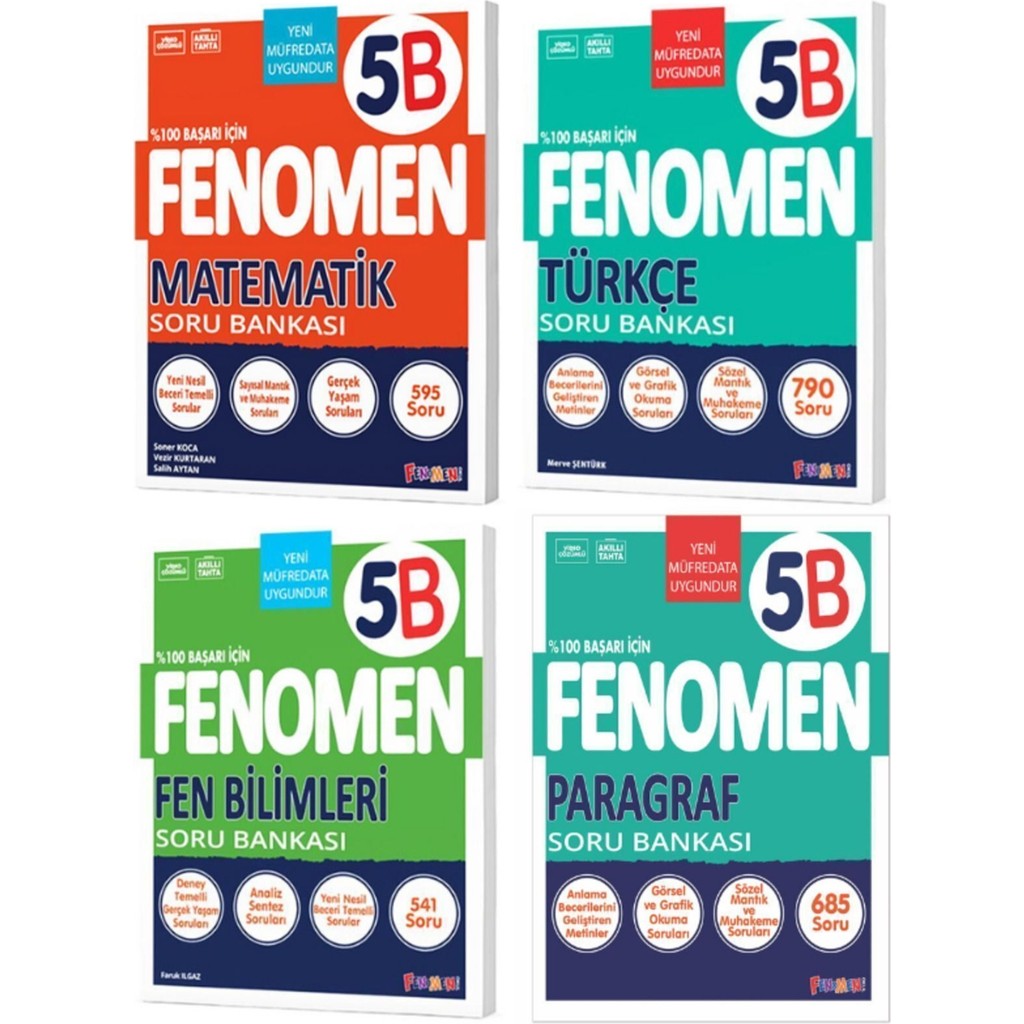 Fenomen 5.sınıf Fen Bilimleri (B) Türkçe (B) Matematik (B) Paragraf (B) Soru Bankası 4 Lü Set Kaynak Kitapları Fiyatı