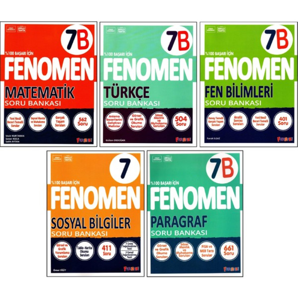 Fenomen Fenomen 7. Sınıf Matematik(B) + Türkçe(B) + Fen(B) + Sosyal + Paragraf(B) Soru Bankası 5 Kitap Matematik Fiyatı