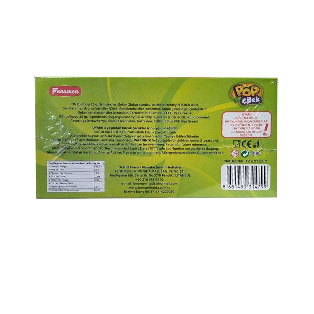 Fenomen Straw Berry Lolipop 27 gr 12'li