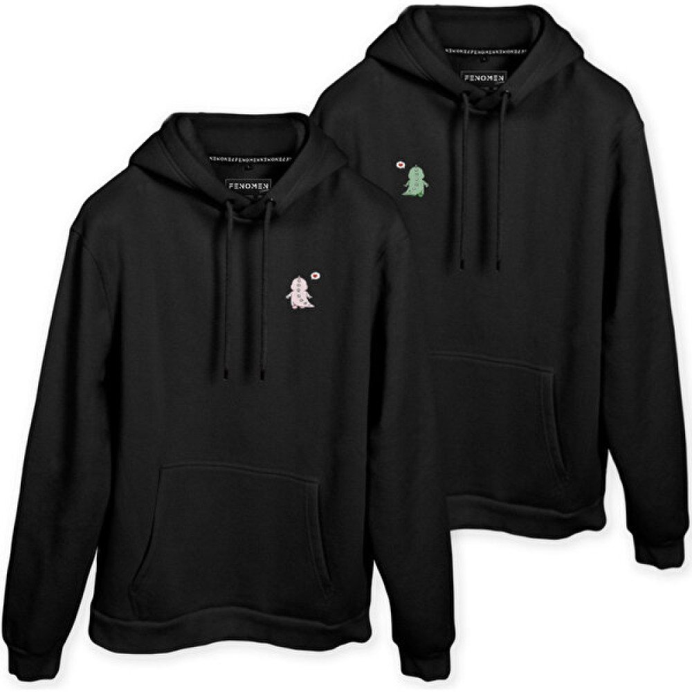 Fenomen Ürünler Dinozor Çift Baskılı Sevgili Kombini Siyah Oversize Sweat Kapüşonlu Hoodie Bayan Sweatshirt Fiyatı