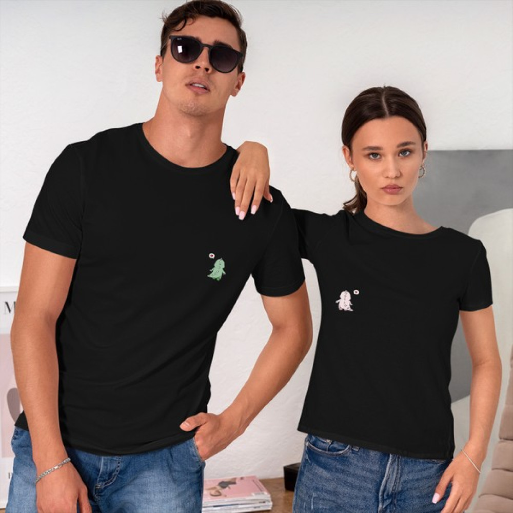 Fenomen Ürünler Dinozor Çift Baskılı Sevgili Kombini Siyah Regular T-Shirt Bayan T-shirt Fiyatı