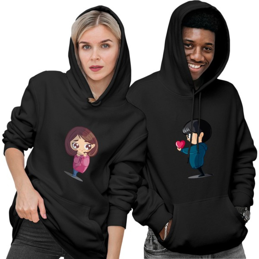 Fenomen Ürünler Kalbimi Sana Verdim Baskılı Sevgili Kombini Siyah Regular Kapüşonlu Sweatshirt Bayan Sweatshirt Fiyatı
