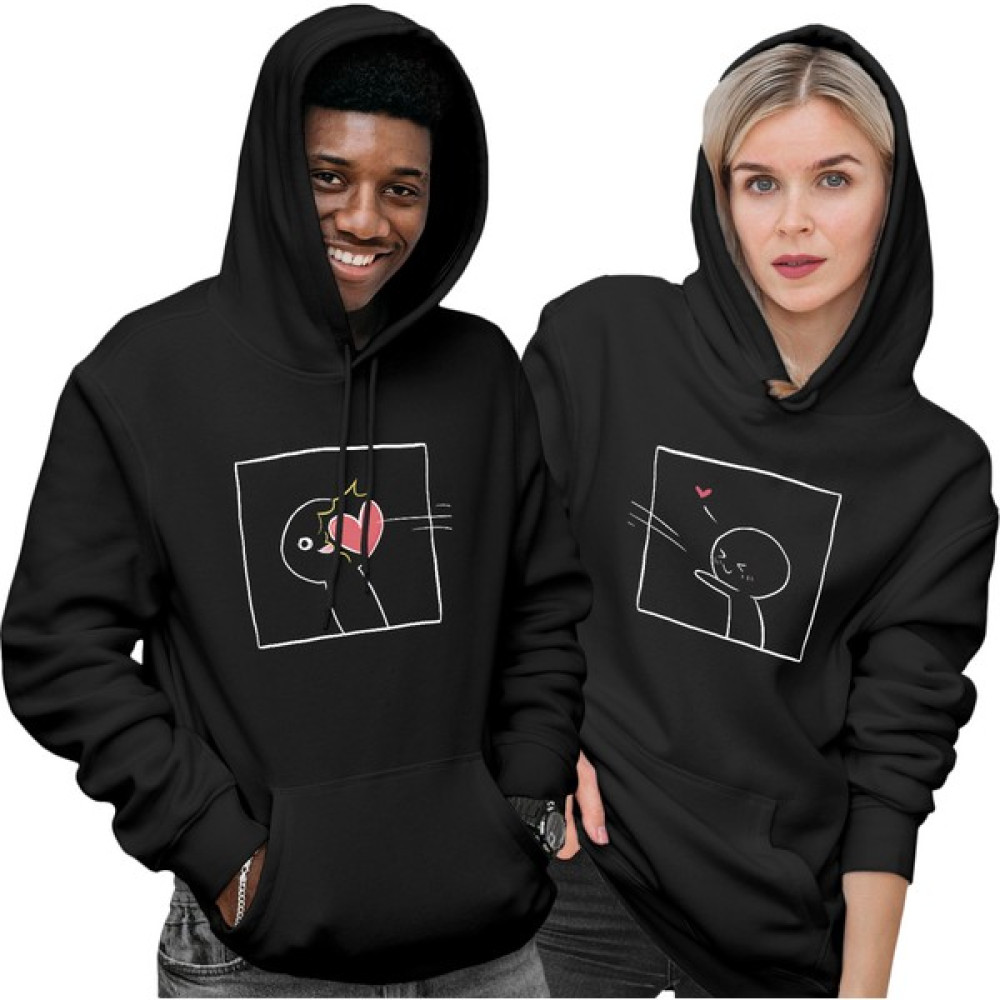Fenomen Ürünler Kalp Atışı Baskılı Sevgili Kombini Siyah Regular Kapüşonlu Sweatshirt Bayan Sweatshirt Fiyatı