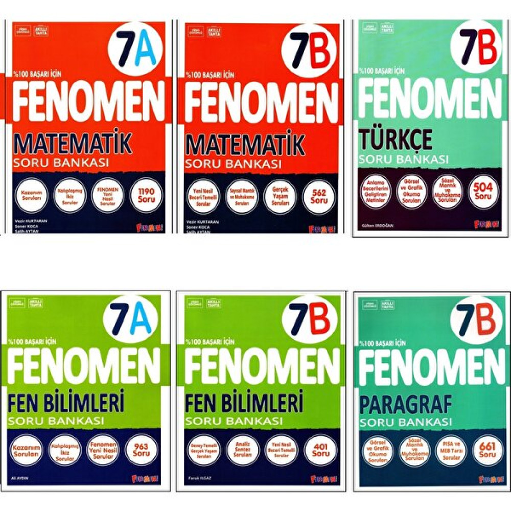 Fenomen Yayıncılık 7. Sınıf Matematik - Fen Bilimleri - Türkçe - Paragraf Soru Bankası 6 Kitap Tüm Dersler Fiyatı