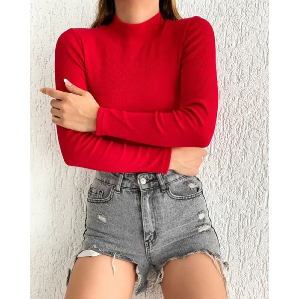 Feodel Kadın Yarım Balıkçı Yaka Fitilli Kırmızı Kaşkorse Crop Bluz Bluz Fiyatı