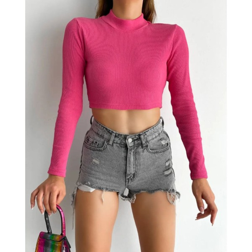 Feodel Kadın Yarım Balıkçı Yaka Fitilli Pembe Kaşkorse Crop Bluz Bluz Fiyatı
