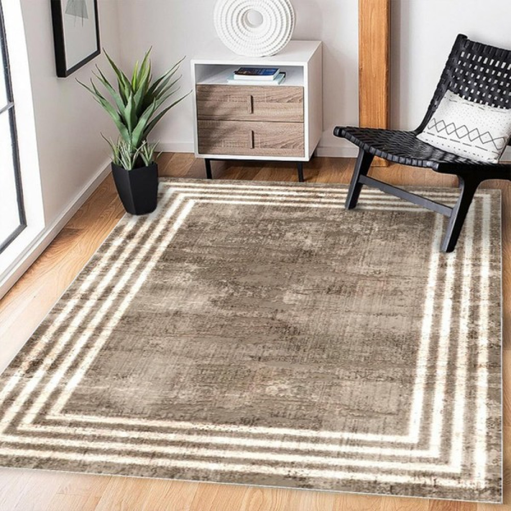 Fera Halı Makinede Yıkanabilir Kaymaz Taban Leke Tutmaz Mutfak Halısı Salon Halısı ve Yolluk - 180 x 280 cm - Kahverengi - Beyaz Salon Halısı Fiyatı