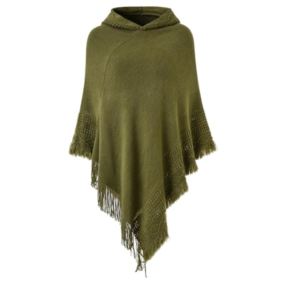 Ferand Ladies' Hooded Cape with Fringed Hem, Crochet Poncho Knitting Patterns for Women, One Size, Army Green
