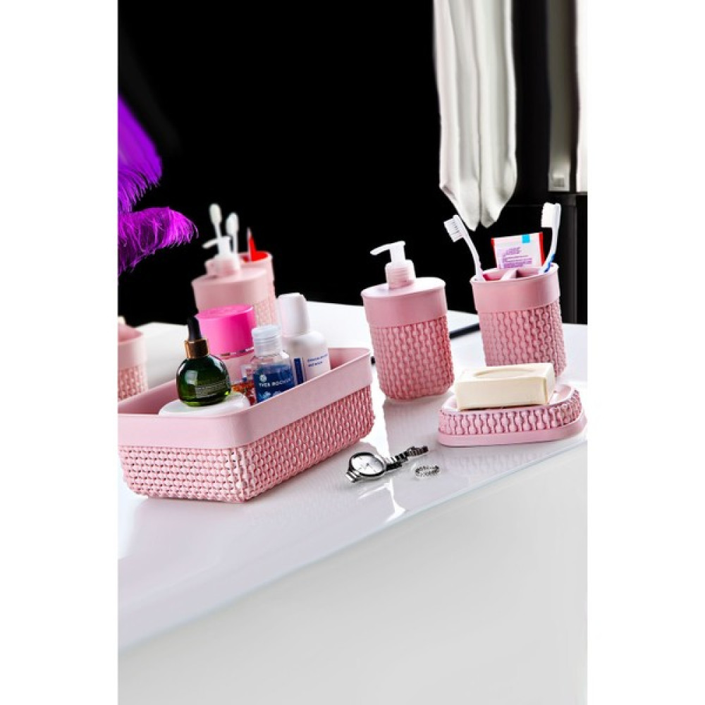 Ferhome 4’lü Banyo Seti Sıvı Sabunluk Diş Fırçalık Katı Sabunluk Sepet - Pembe Banyo Aksesuarları Fiyatı