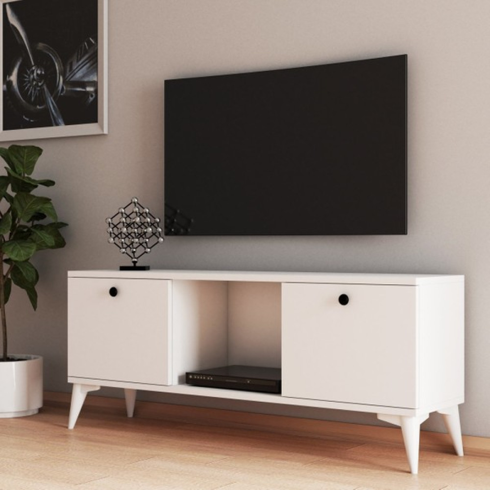 FERNISO 120CM Beyaz Tv Sehpası Siyah Düğme Kulplu Tv Ünitesi / Sehpası Fiyatı