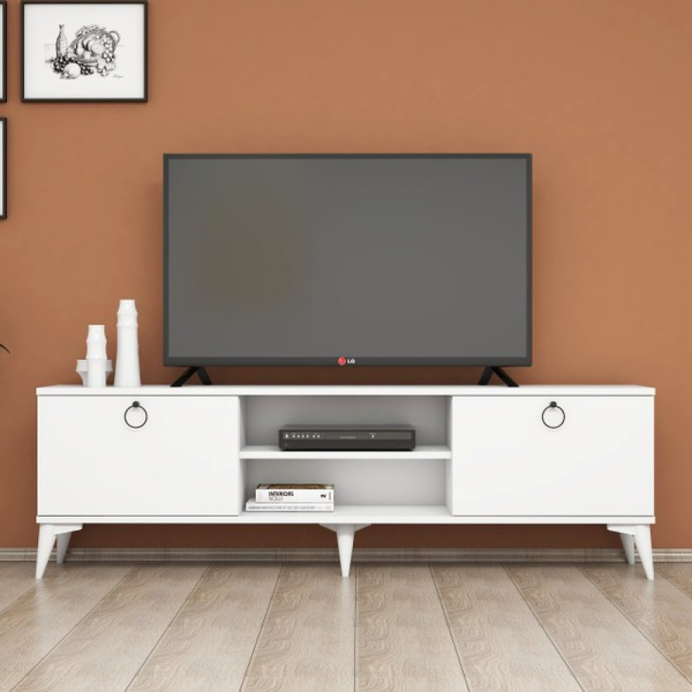 FERNISO 160 cm Beyaz Tv Sehpası Siyah Halka Kulplu Tv Ünitesi / Sehpası Fiyatı