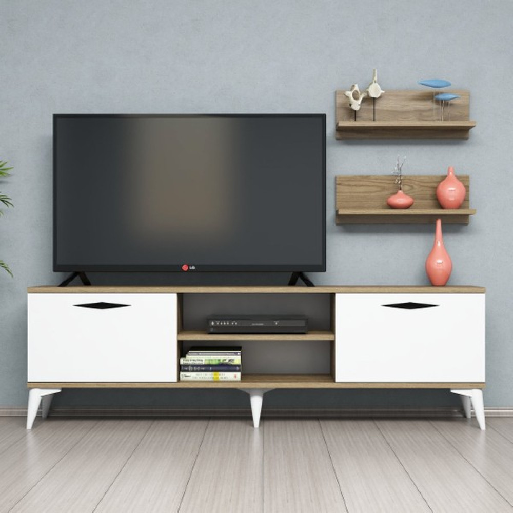 FERNISO 160CM Hud Krem 2 Raflı Yv Sehpası - Beyaz Tv Ünitesi / Sehpası Fiyatı