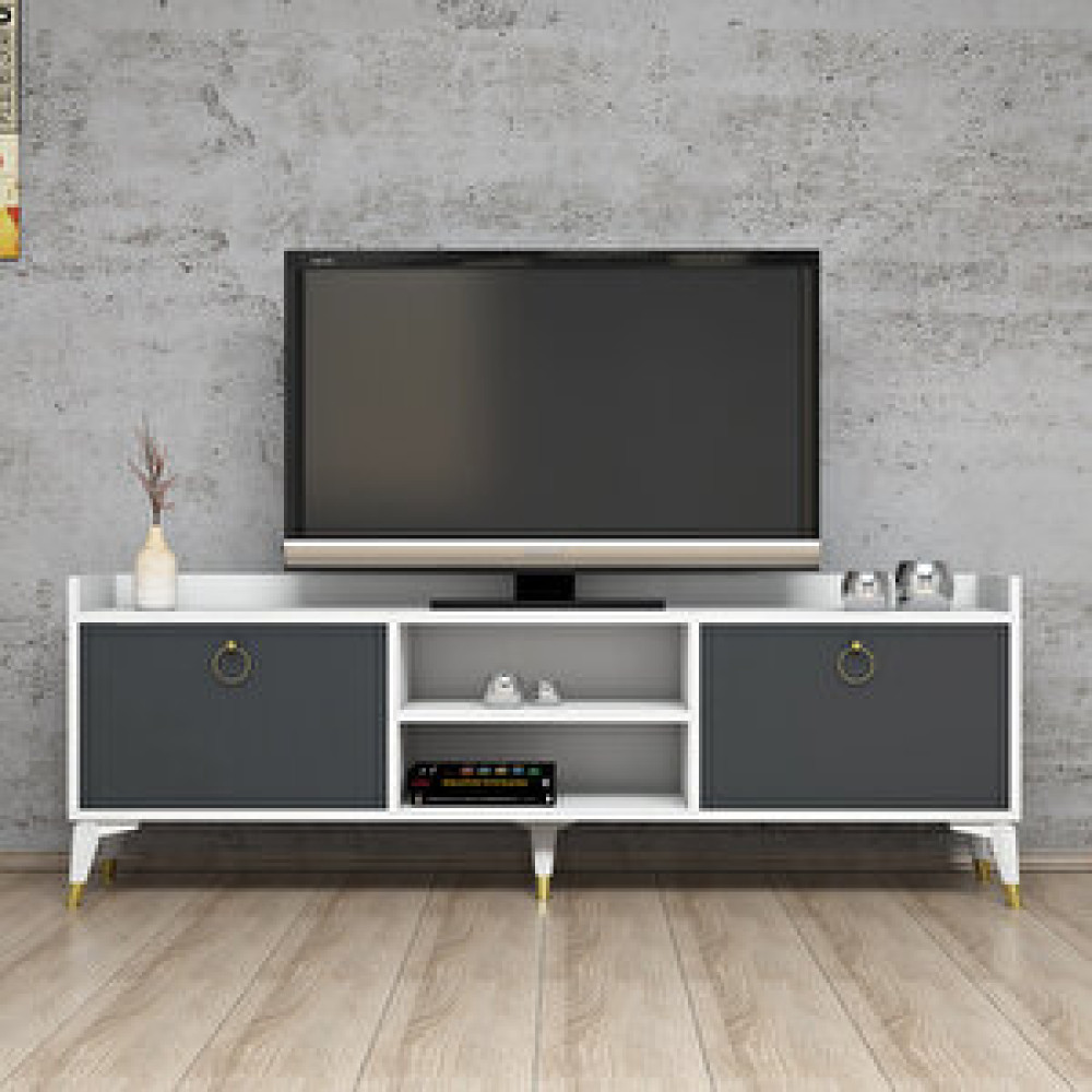 Ferniso Beyaz Antrasit Gri Altın Kulplu Tv Sehpası 138 Cm Tv Ünitesi / Sehpası Fiyatı