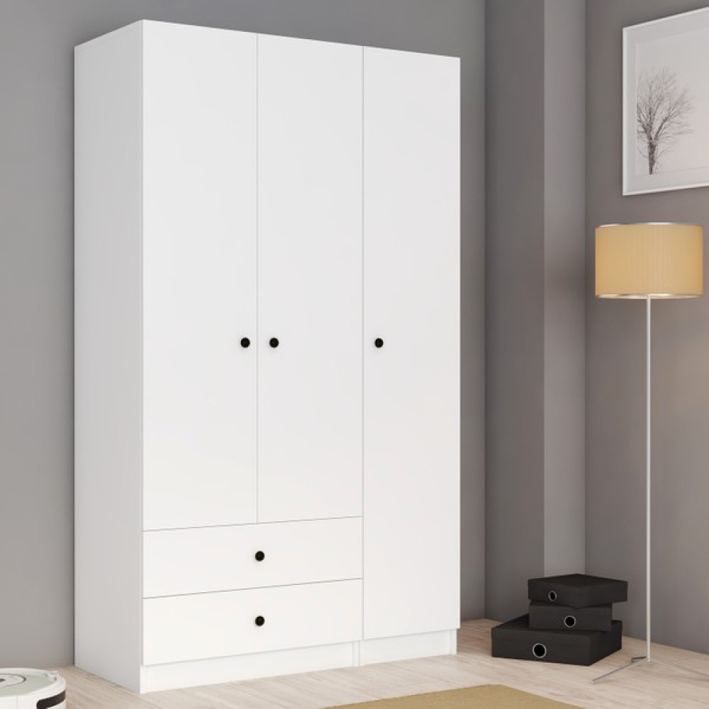 FERNISO Zoe 3 Kapılı 2 Çekmeceli Elbise Dolabı Gardırop - Beyaz Gardrop & Dolap Fiyatı