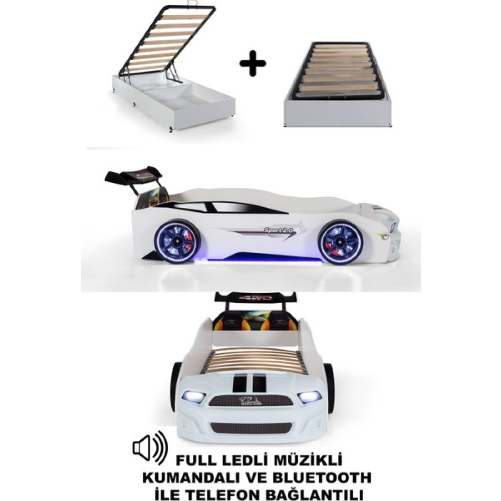 Ferramini Bazalı Beyaz Arabalı Yatak Sport Mst Full Ledli Kumandalı ve Müzikli - 90 x 190 cm Karyola Fiyatı