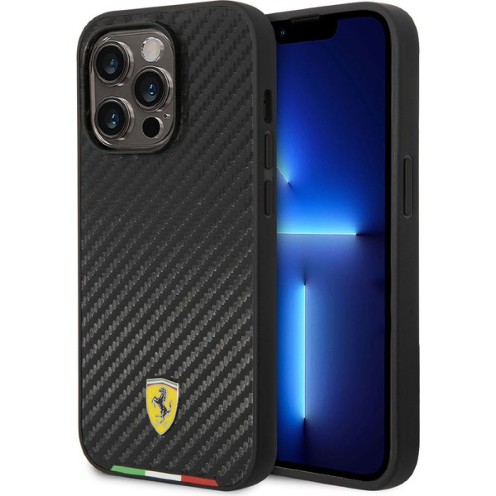 Ferrari iPhone 14 Pro Max Uyumlu Kılıf Ferrari Magsafe Şarj Özellikli Karbon Italyan Bayrak Dizayn Kapak - Siyah Cep Telefonu Kılıfı Fiyatı