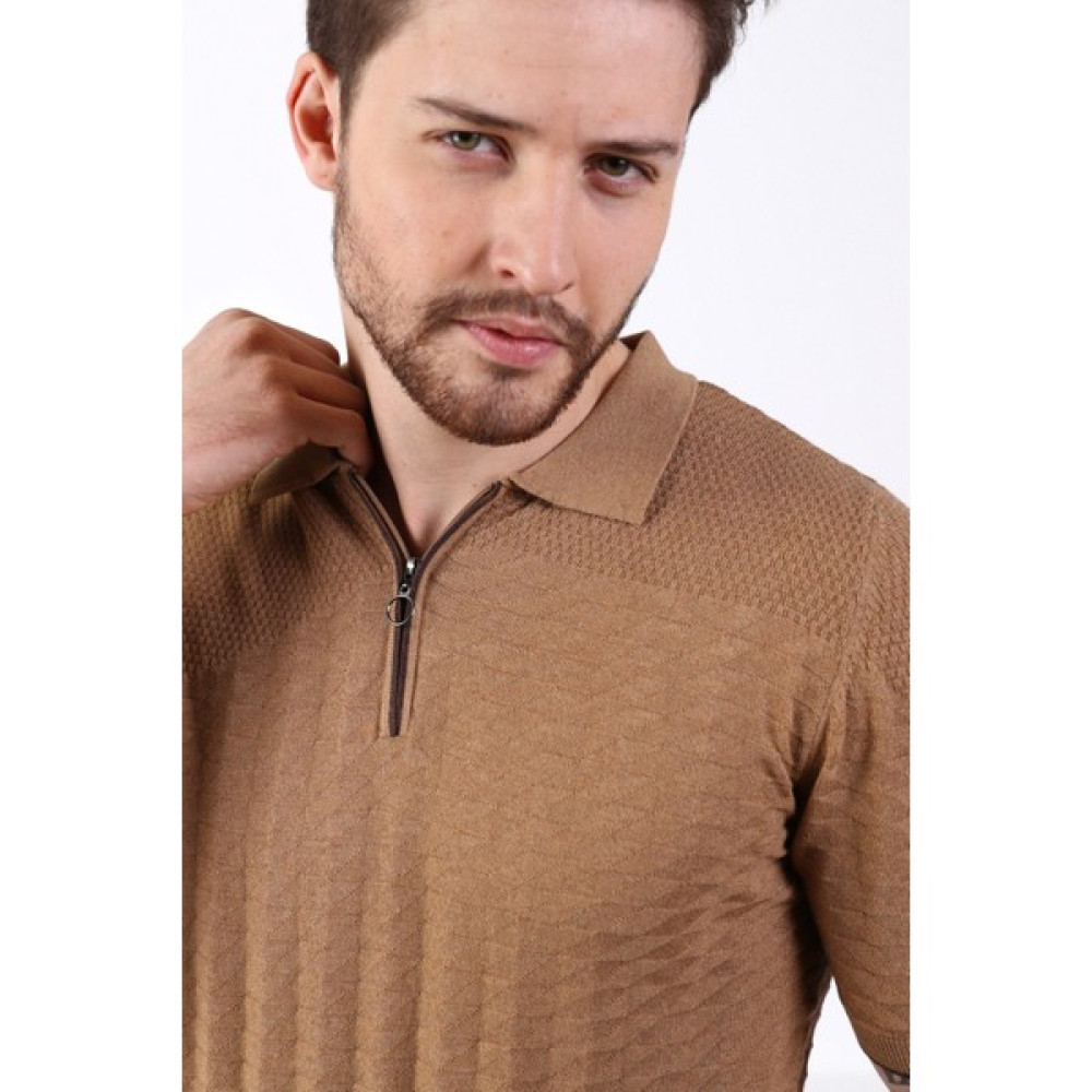 Ferraro Camel Polo Yaka Fermuarlı Erkek Pamuk Triko T-Shirt Erkek T-shirt Fiyatı