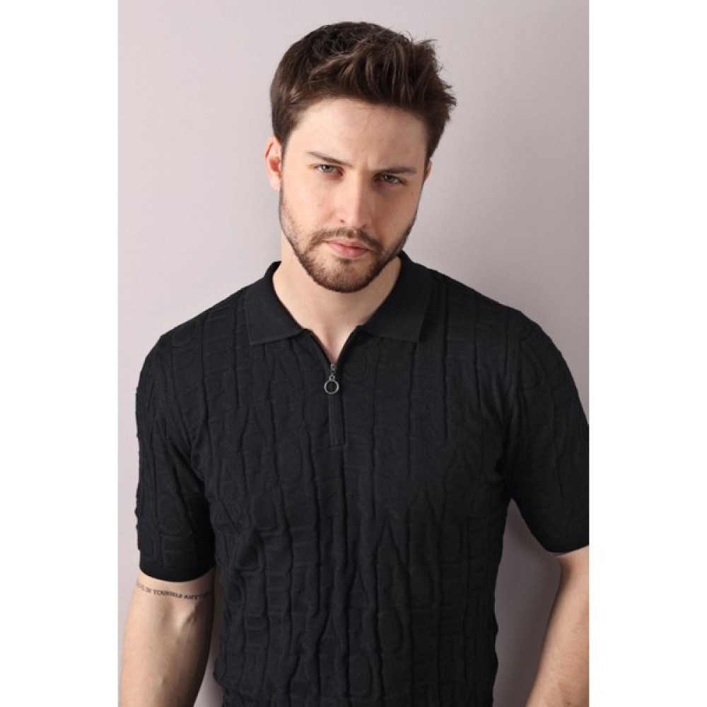 Ferraro Siyah Polo Yaka Fermuarlı Erkek Pamuk Triko T-Shirt Erkek T-shirt Fiyatı