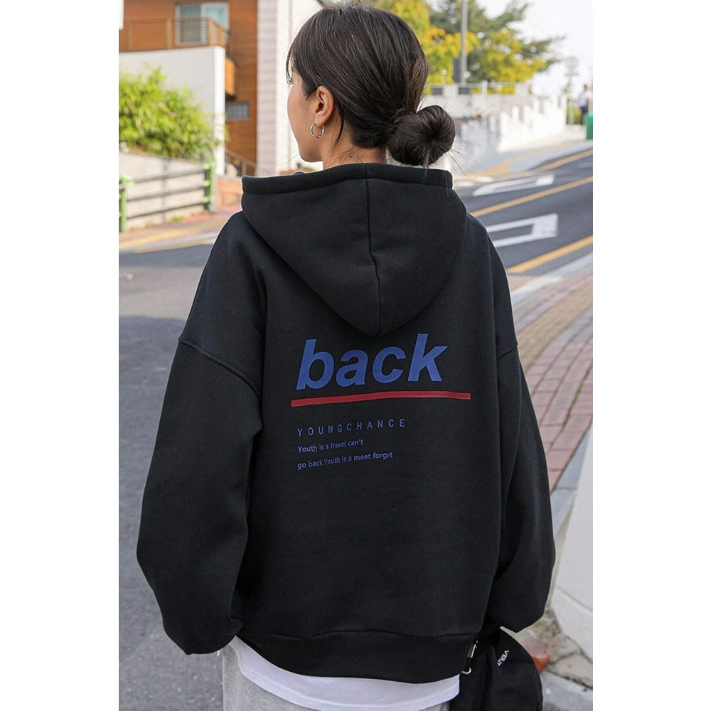FEVİLLE Unisex Oversize Ssiyah Back Youngchance Baskılı Kapşonlu Sweatshirt L Beden Bayan Sweatshirt Fiyatı