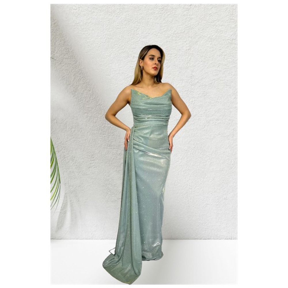 Fevzuss Mint Yeşili Parıltı Drape Detay Uzun Abiye Elbise Fiyatı