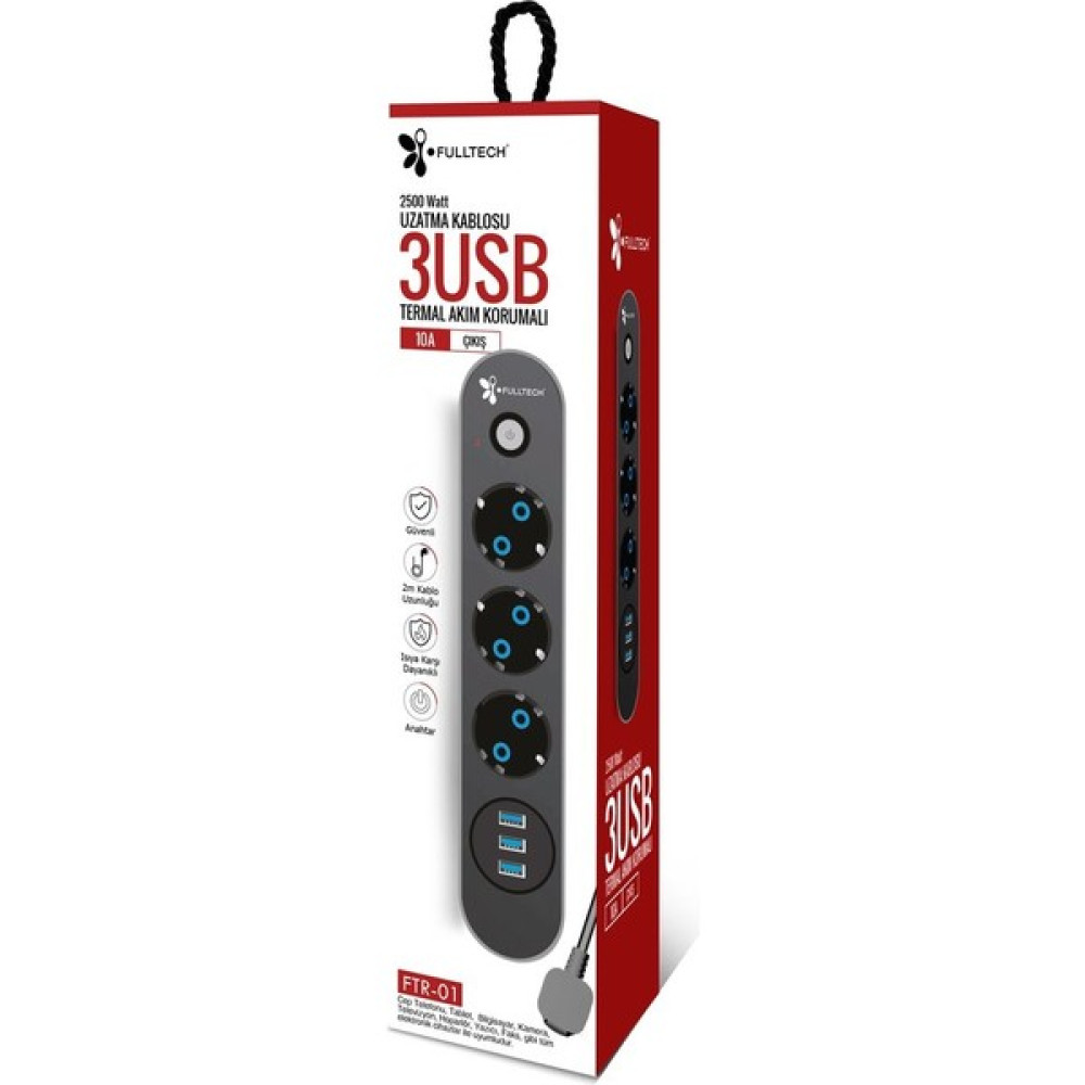 Feyyazz 3 Priz 3 Usb Kablo Anahtarlı 10A Akım Korumalı Priz 2 Mt TGFTR01 Prizler Fiyatı