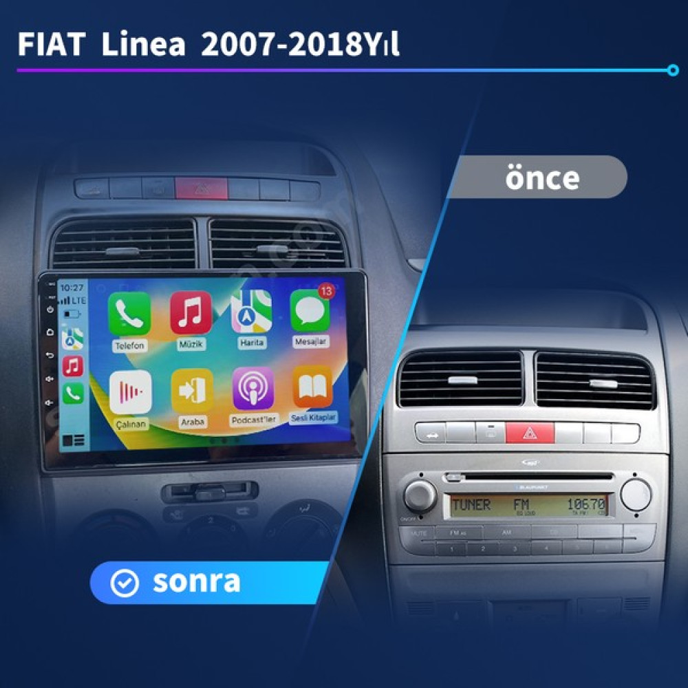 FIAT Linea 2007-2018Yıl Multimedya Android Sürüm 13 Kablosuz Carplay Navigasyon 9 Inç Ekran Çerçeveli ve Arka Görüş Kameralı 4gb Ram+ 32GB Rom Hafıza Oto Boyaları Fiyatı