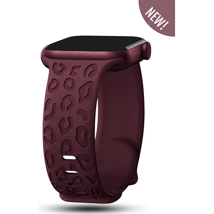 Fibaks Apple Watch 10/11 42MM 41/40/38 mm Uyumlu 9/8/7/6/5/4/3/se Bordo Leopar Desenli Silikon Kordon - Watch 11/10 46mm - Gül Kırmızısı Leopar Desen Akıllı Saat Aksesuarı Fiyatı