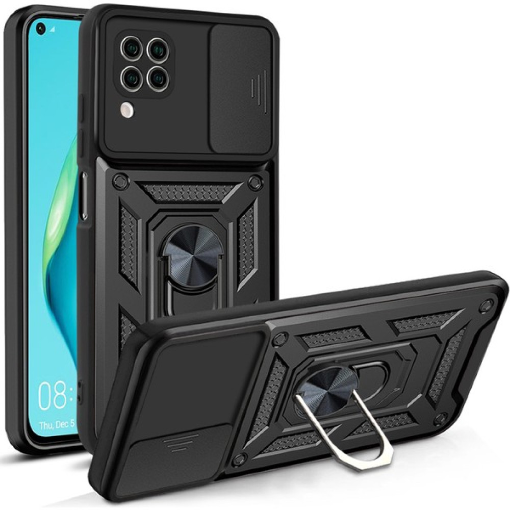 Fibaks Huawei P40 Lite Uyumlu Kılıf Kamera Korumalı Sürgülü Yüzüklü Armor Military Tank Zırh - Siyah Cep Telefonu Kılıfı Fiyatı