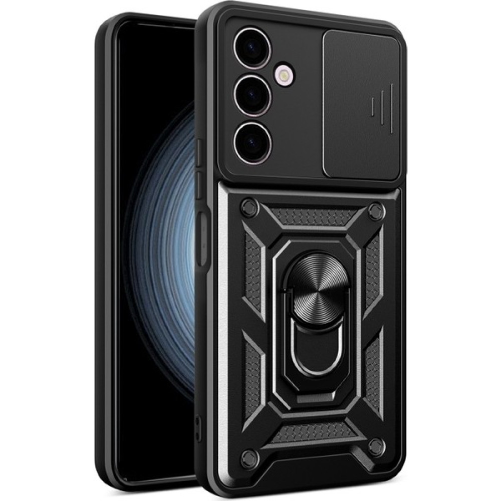 Fibaks Samsung Galaxy M14 Kılıf Kamera Korumalı Sürgülü Yüzüklü Armor Military Tank Koruyucu Kapak - Siyah - Glx M14 Cep Telefonu Kılıfı Fiyatı