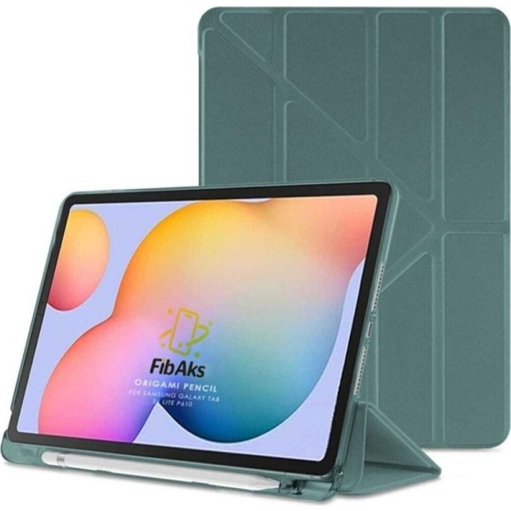 Fibaks Samsung Galaxy S7 FE T730 Kılıf Tri Folding Standlı Kalemlikli Kalem Bölmeli 3 Katlamalı Standlı Uyku Modlu Smart Kapak - Koyu Yeşil Tablet Kılıfı Fiyatı