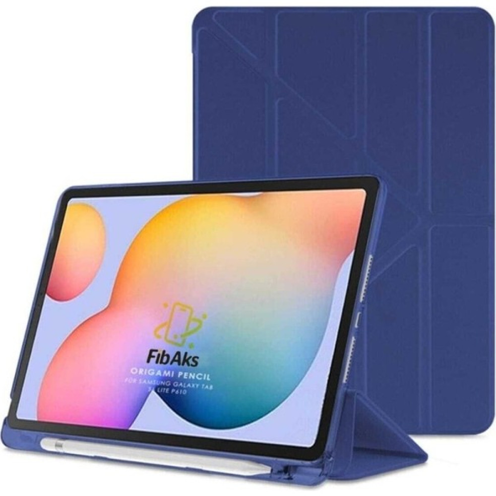 Fibaks Samsung Galaxy S7 FE T730 Kılıf Tri Folding Standlı Kalemlikli Kalem Bölmeli 3 Katlamalı Standlı Uyku Modlu Smart Kapak - Lacivert Tablet Kılıfı Fiyatı