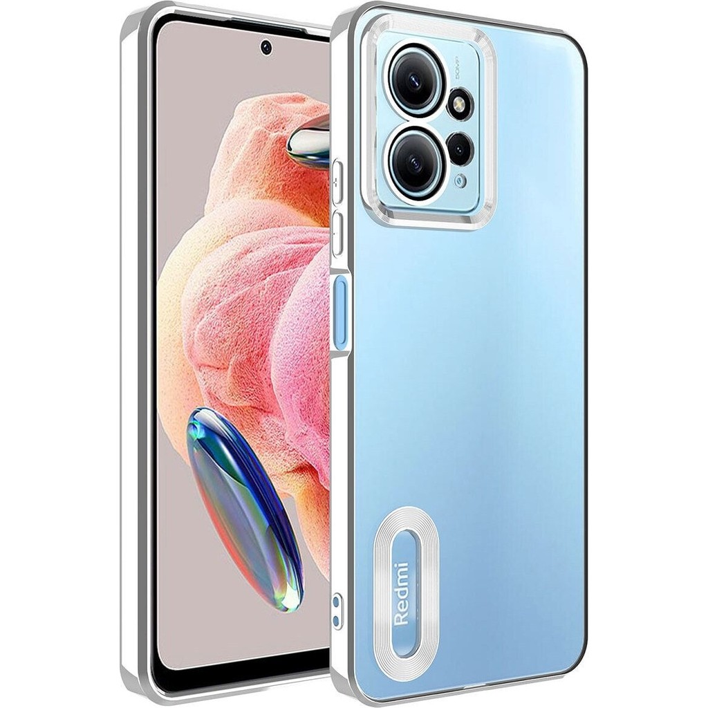 Fibaks Xiaomi Redmi Note 12 Kılıf Kamera Lens Korumalı Şeffaf Renkli Logo Gösteren Parlak Kapak - Redmi Note 12 4G - Gümüş Cep Telefonu Kılıfı Fiyatı