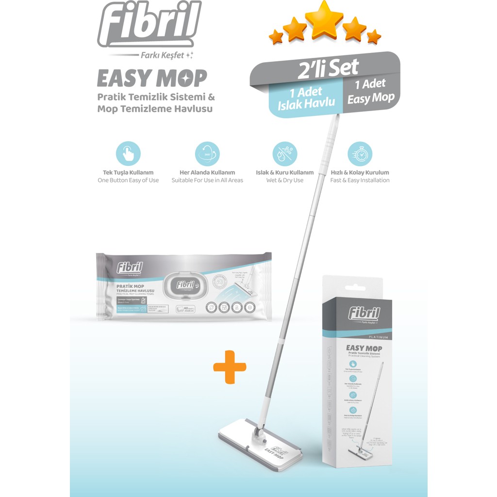 Fibril Easy Mop Pratik Temizlik Sistemi + 1 Paket Temizleme Havlusu 40 Yaprak El / Yüz Havlusu Fiyatı