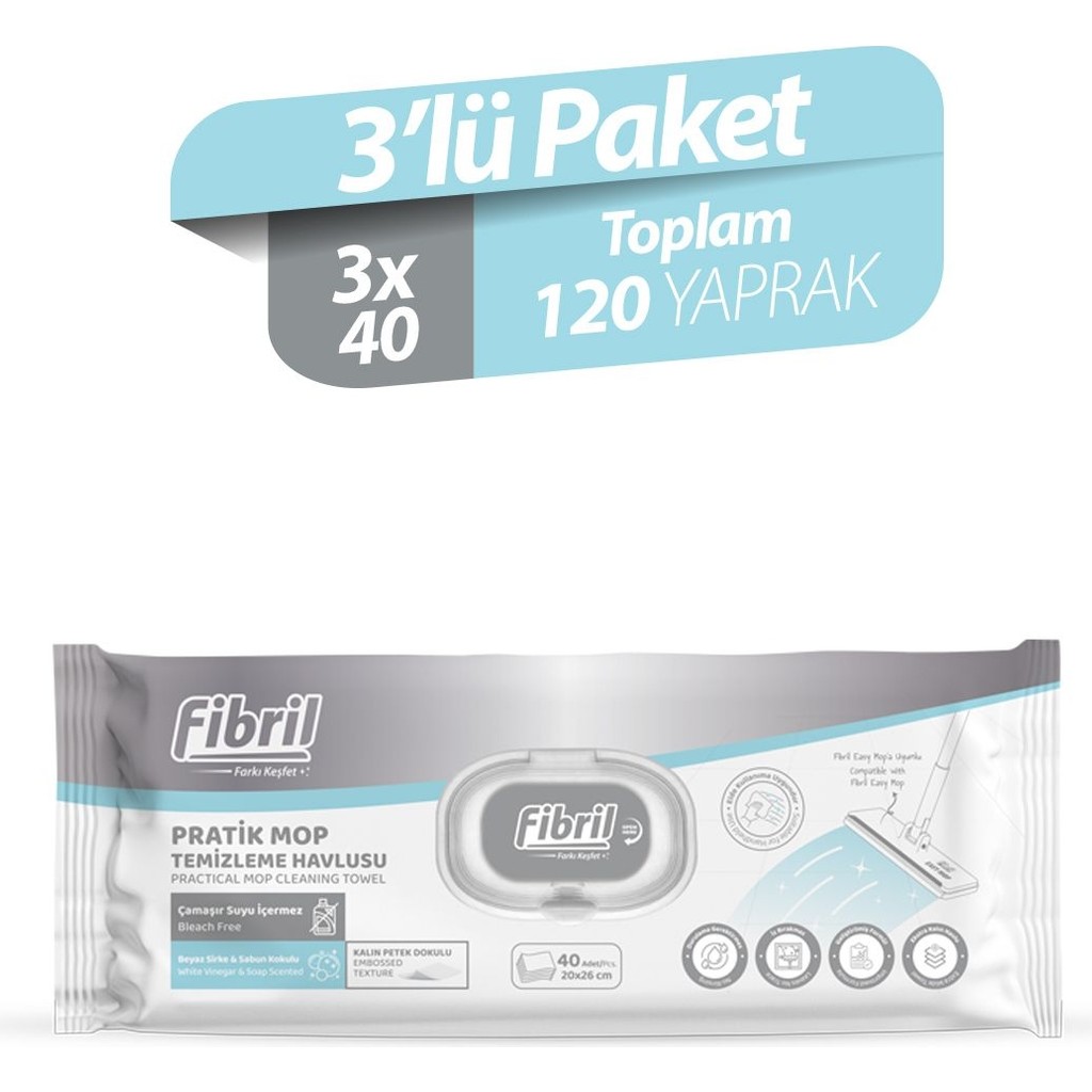 Fibril Mop Temizleme Havlusu 3 Paket 120 Yaprak El / Yüz Havlusu Fiyatı