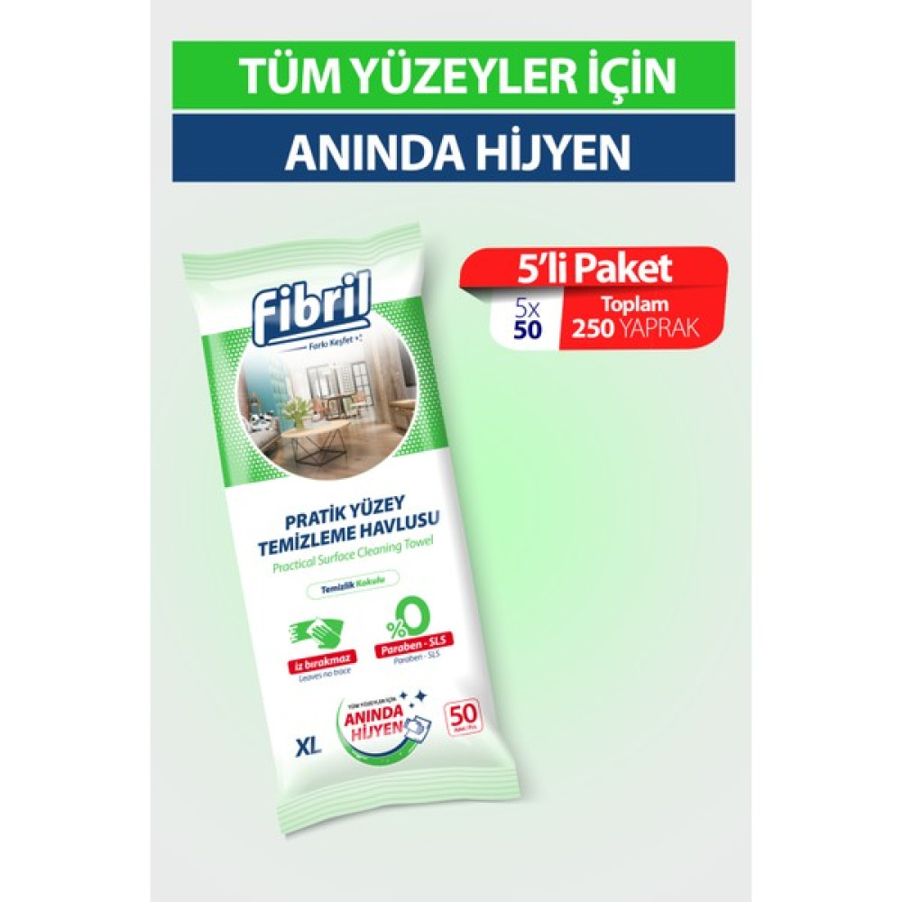Fibril Pratik Yüzey Temizlik Havlusu Temizlik Çam Kokulu 5 x 50 (Toplam 250 Yaprak) Parlatıcı ve Temizleyiciler Fiyatı