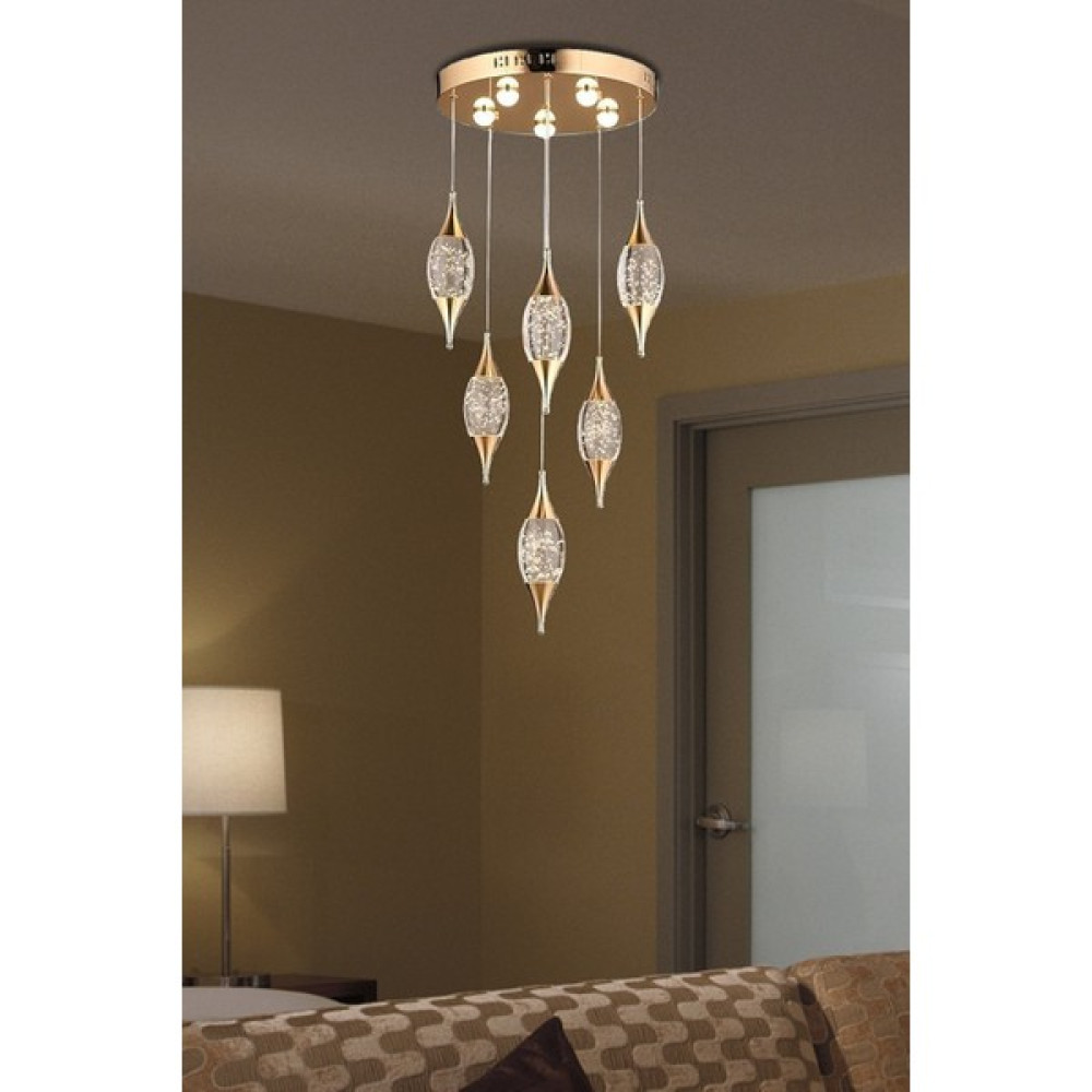 Fico Home Modern Luxury Kristal 6'lı Cam LED Avize Gold Sarı Ledli Avize Avize Fiyatı