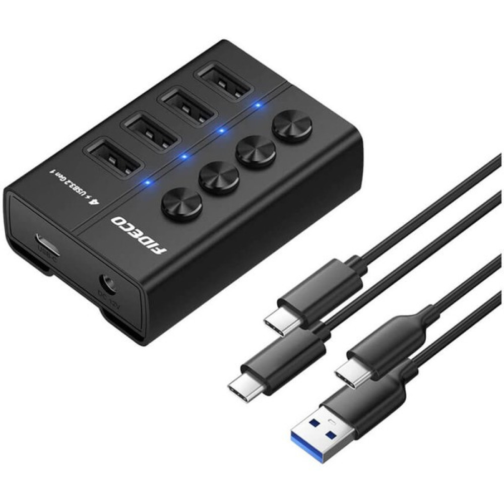 Fideco HKG04C 4 Port 3.2 Gen 1 Type-C USB Çoklayıcı Hub On/off Switch Işıklı USB Çoğaltıcı Splitter - Siyah Bilgisayar Çevirici ve Adaptörü Fiyatı