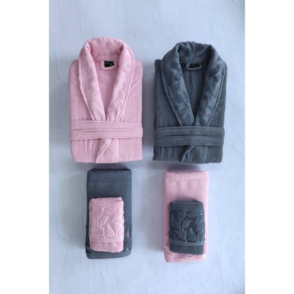 Fiesta Elite Pamuklu 6 Parça Çeyizlik Aile Bornoz Takımı - Antrasit - Pembe - M - L Bornoz Fiyatı