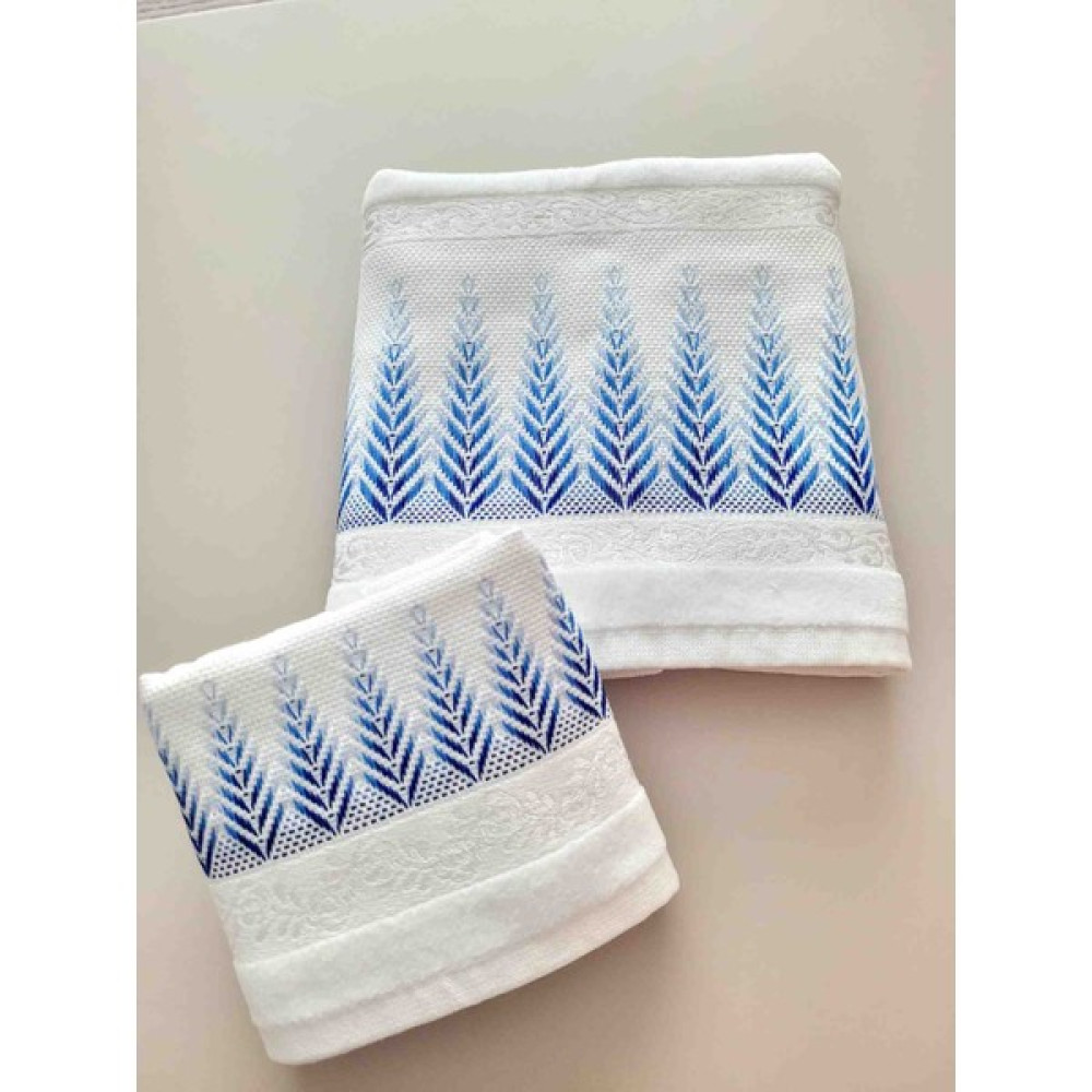 Fiesta Marka Etamin işlemeli Çeyizlik El ve Yüz Havlusu + Mutfak Havlusu 2'li Seti - 30 x 50 cm - Beyaz - Mavi El / Yüz Havlusu Fiyatı