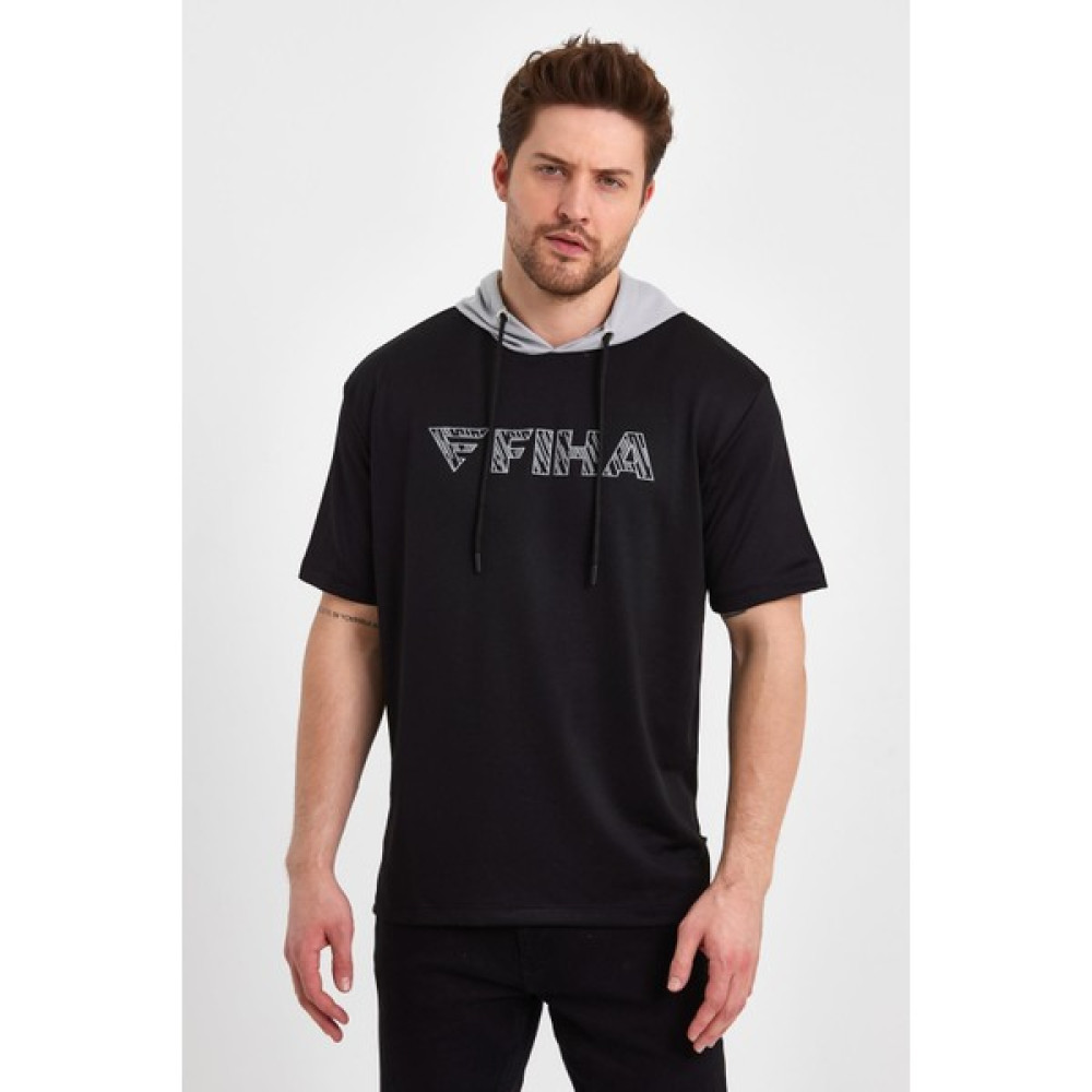 Fiha FİHA/AKINMAK-7004 Erkek Baskılı Kapşonlu Kıssa Kol T-Shırt - Siyah Erkek T-shirt Fiyatı
