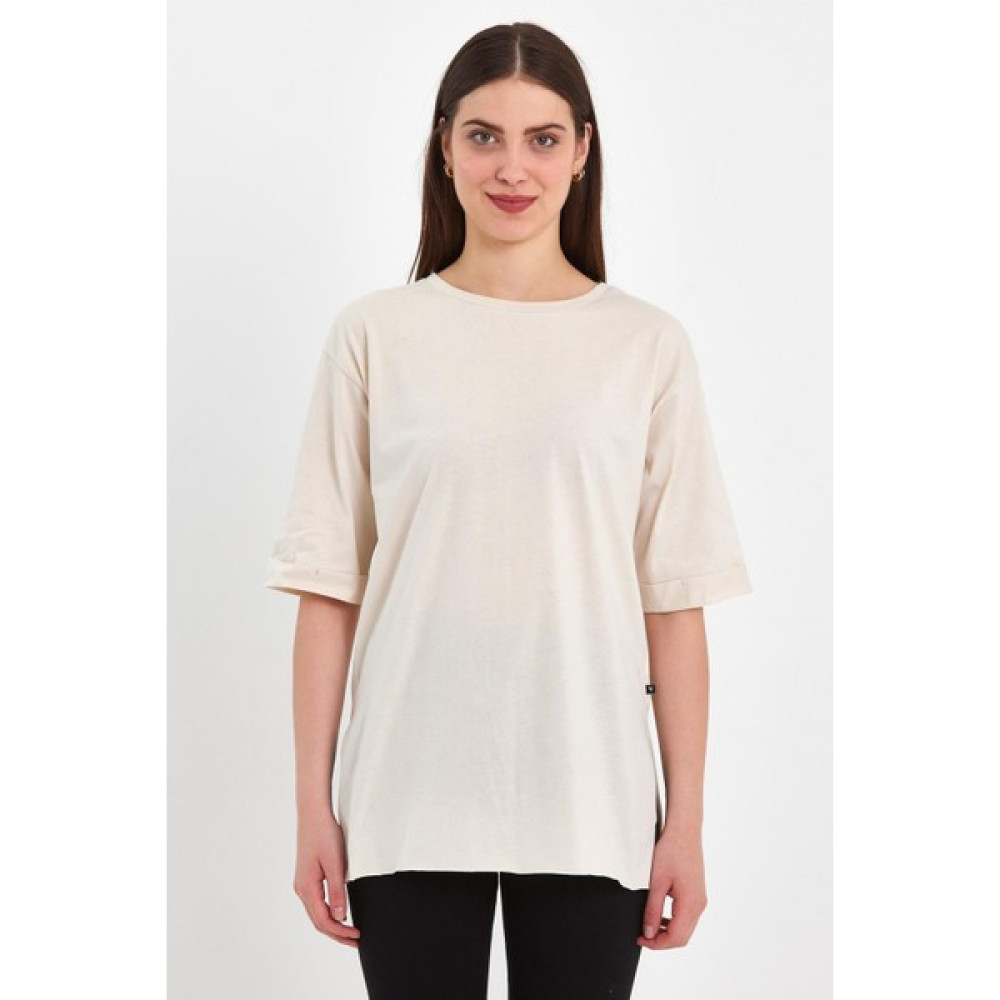 Fiha FİHA/AŞAK-4619 Kadın Duble Kol Yanı Yırtmaçlı Sıfır Yaka T-Shırt - Ekru Bayan T-shirt Fiyatı