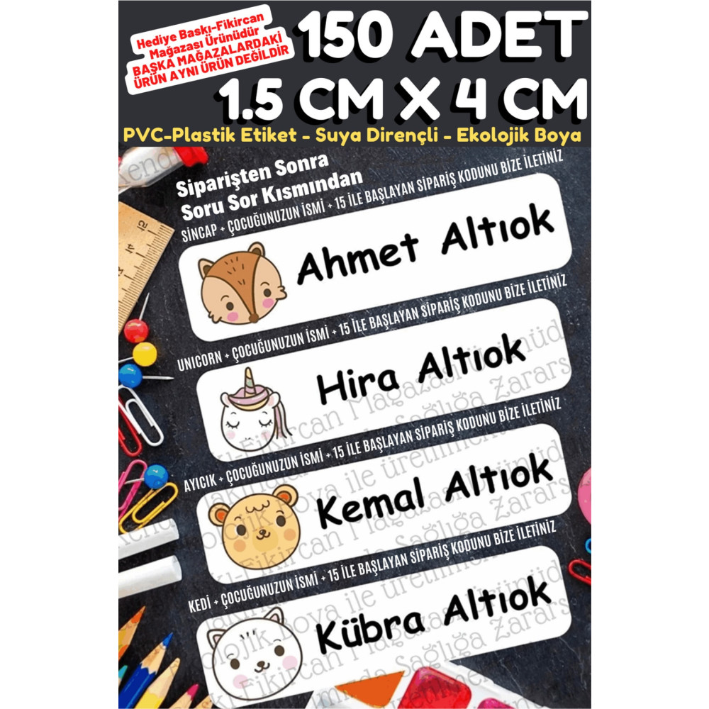 FİKİRCAN -isme Özel Okul Etiket Seti - 150 Adet - Kokusuz Ekolojik Mürekkep Pvc Etiket Etiket Fiyatı