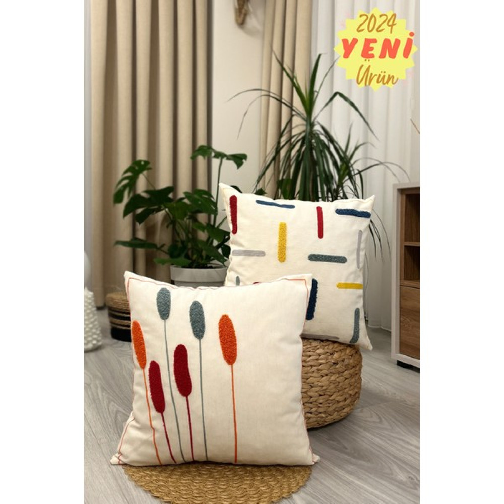 Filamente 2'Li Set Özel Tasarım Gerçek Punch Panç Desen Bohem Kırlent Kılıfı Bej - 43 x 43 cm Kırlent / Mobilya Yastığı Fiyatı