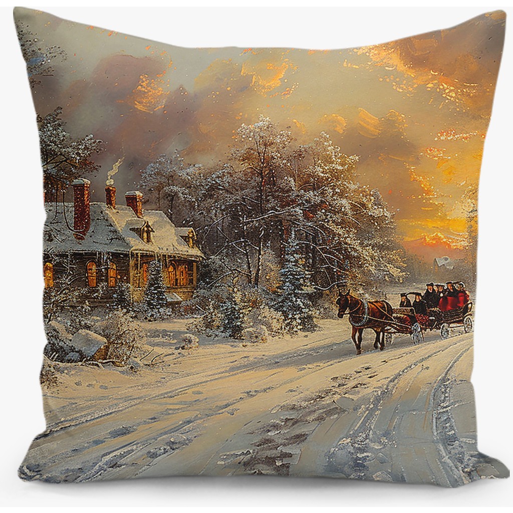 Filamente Çift Taraflı Dijital Baskı Kırlent Kılıfı Yılbaşı / Kış Manzarası / Christmas Desenli - 43 x 43 cm - Karışık Kırlent / Mobilya Yastığı Fiyatı