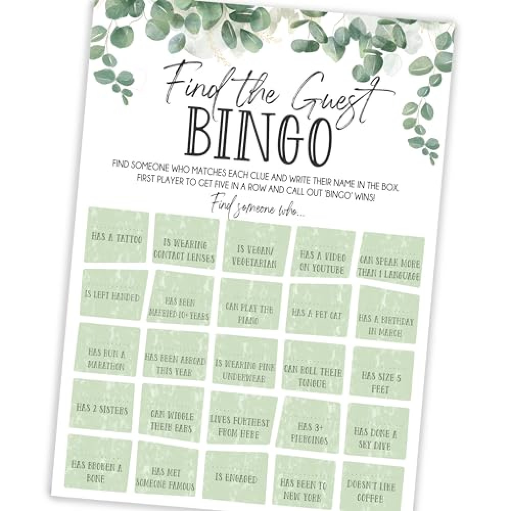 Find the Guest Bingo - Party Game - 20 Players - Eucalyptus - Hen Party | Baby Shower | Wedding