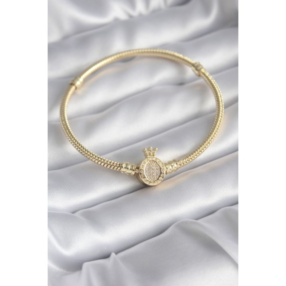 Findit Pirinç Gold Renk Zirkon Taşlı Taç Pandora Yazılı Detay Charm Model Kadın Bileklik Saat ve Bileklik Aksesuarı Fiyatı