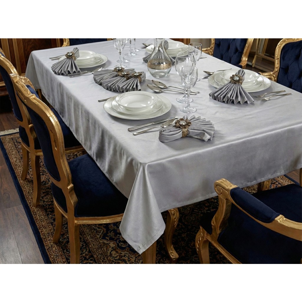 Finezza Kristal Monoray Kumaş Açık Gri Masa Örtüsü ve Pudra Çiçekli Peçeteli Sofra Takımı 8 Kişilik Dikdörtgen 160x220 cm 17 Parça - 727 Masa Örtüsü Fiyatı