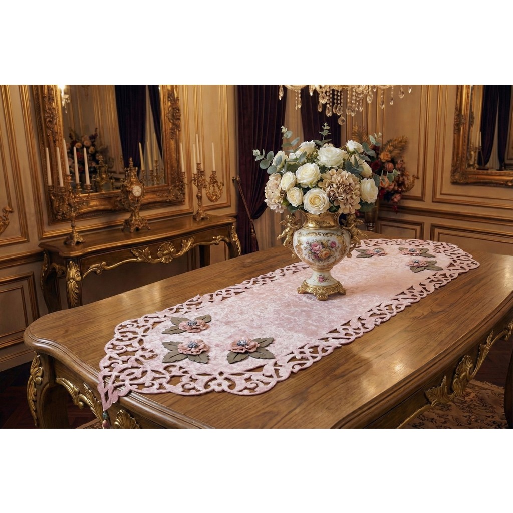 Finezza Mina Kadife Kumaş Lazer Kesim Çiçek Süslemeli Pudra/Gümüş Runner 40*140 cm - 718 - Pembe - 40 x 140 cm SSD / Solid State Drive Fiyatı